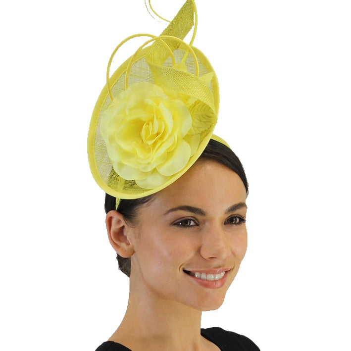 Jendi Fascinator with a Flower and a Quill in Daffodil Yellow