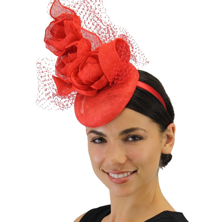 Jendi Fascinator with Stacked Flowers and Netting in Lava