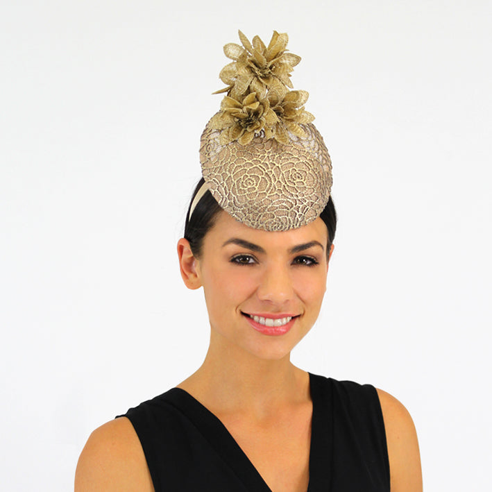 Jendi Percher Hat in Golden Lace with Golden Flowers