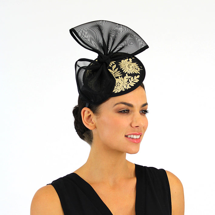 Jendi Black Fascinator with a Bow and Golden Detail