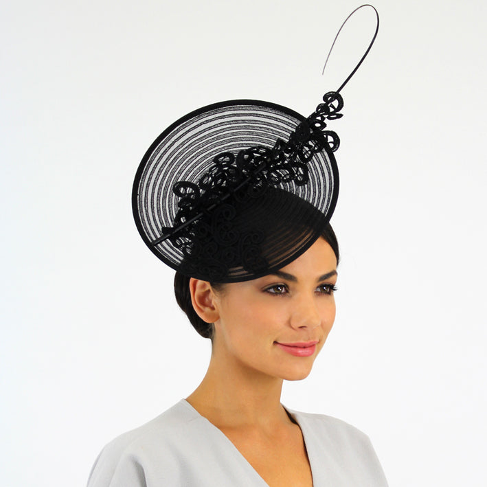 Jendi Black Plate Fascinator with Lace Detail and a Stick