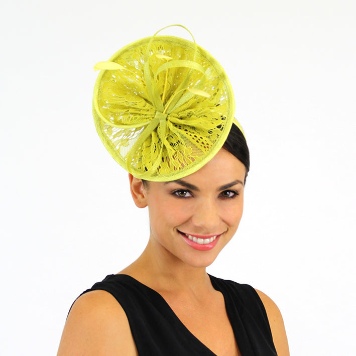 Jendi Chartreuse Lace Plate Fascinator with  Loops and Feathers