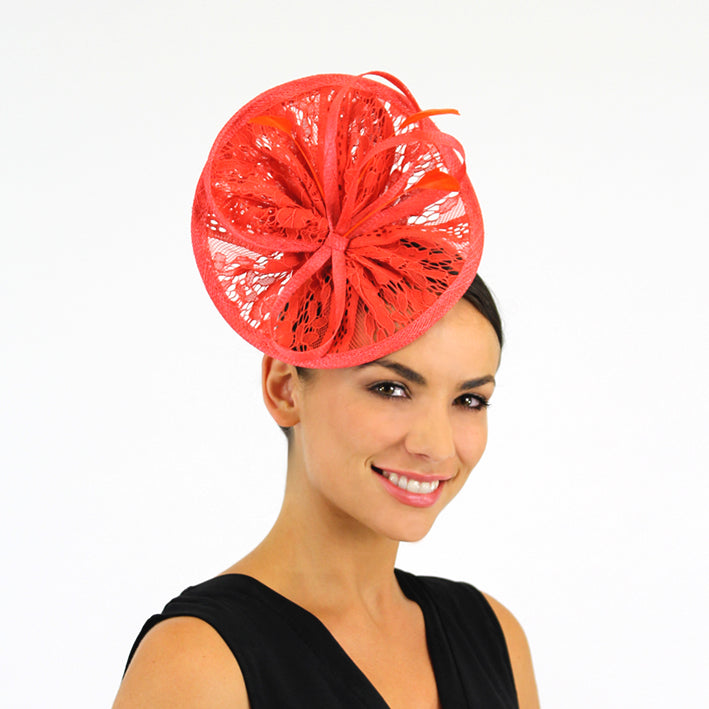 Jendi Lava Lace Plate Fascinator with  Loops and Feathers