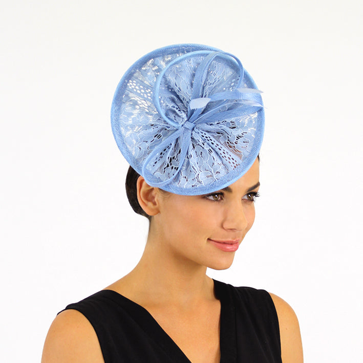 Jendi Powder Blue Lace Plate Fascinator with  Loops and Feathers