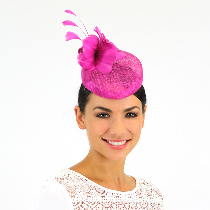 Jendi Fuchsia Sinamay Hat with a Feather Flower and Feathers