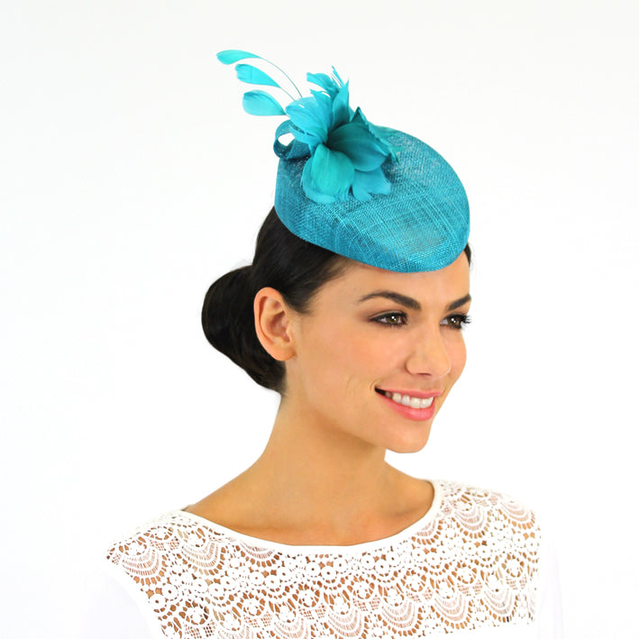 Jendi Lagoon Blue Sinamay Hat with a Feather Flower and Feathers