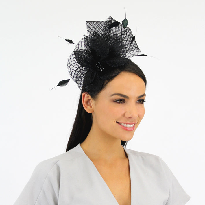 Jendi Black Mesh Fascinator with a Jewelled Centre and Feathers