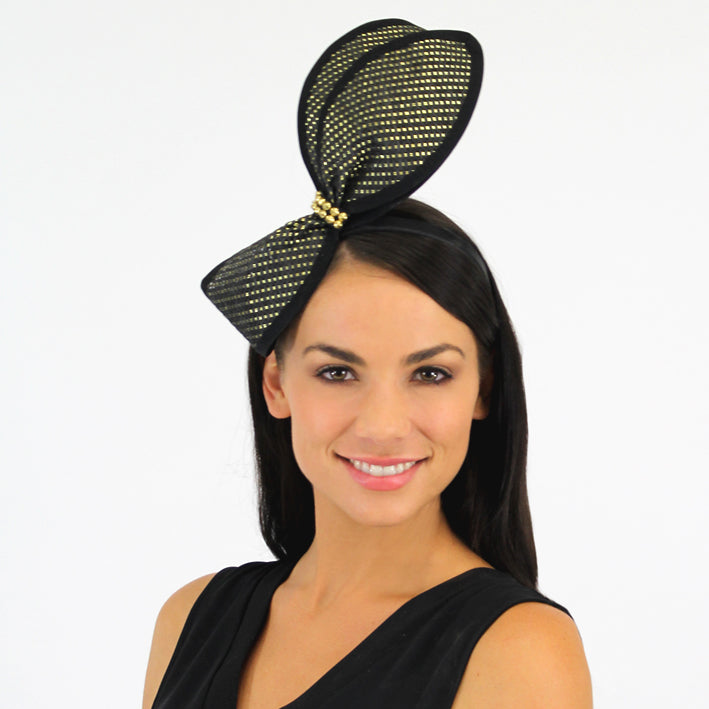 Jendi Black & Gold Bow Fascinator with a Gold Centre on a Headband