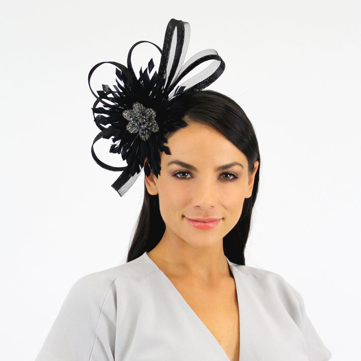 Jendi Black Mesh Fascinator with a Feathered Centre and Loops