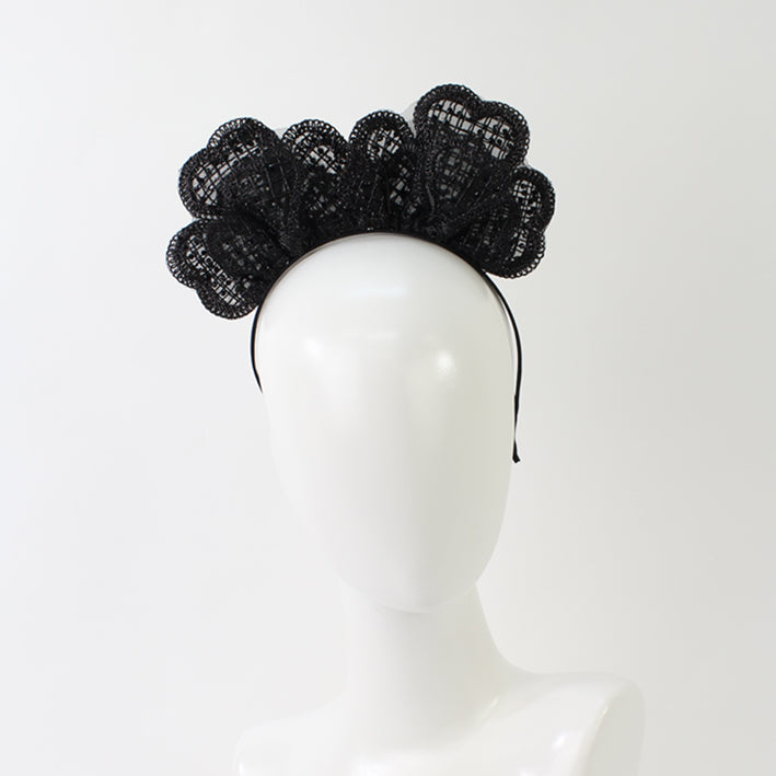 Jendi Clover Shape Lace Fascinator in Black on a Headband