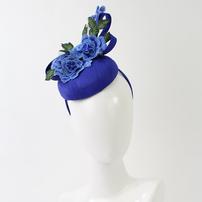 Jendi Silk Button Hat in Sapphire with Embroidery Flowers