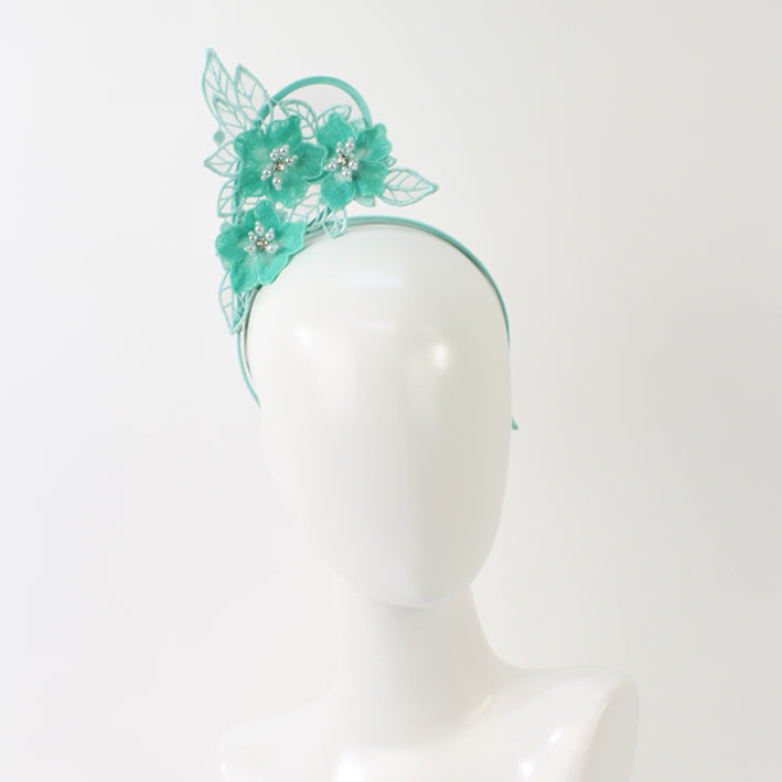 Jendi Lace Flower Fascinator in Mint on a Headband