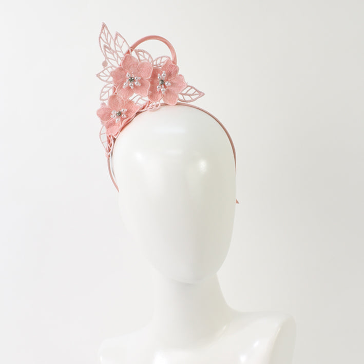 Jendi Lace Flower Fascinator in Pink on a Headband