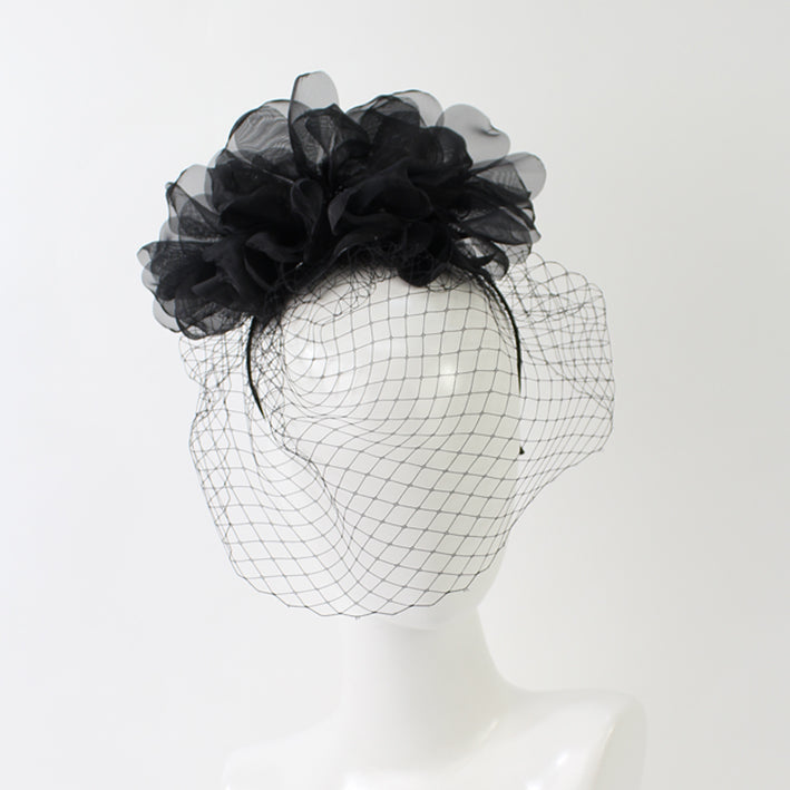 Jendi Petal  Fascinator with Netting in Black on a Headband