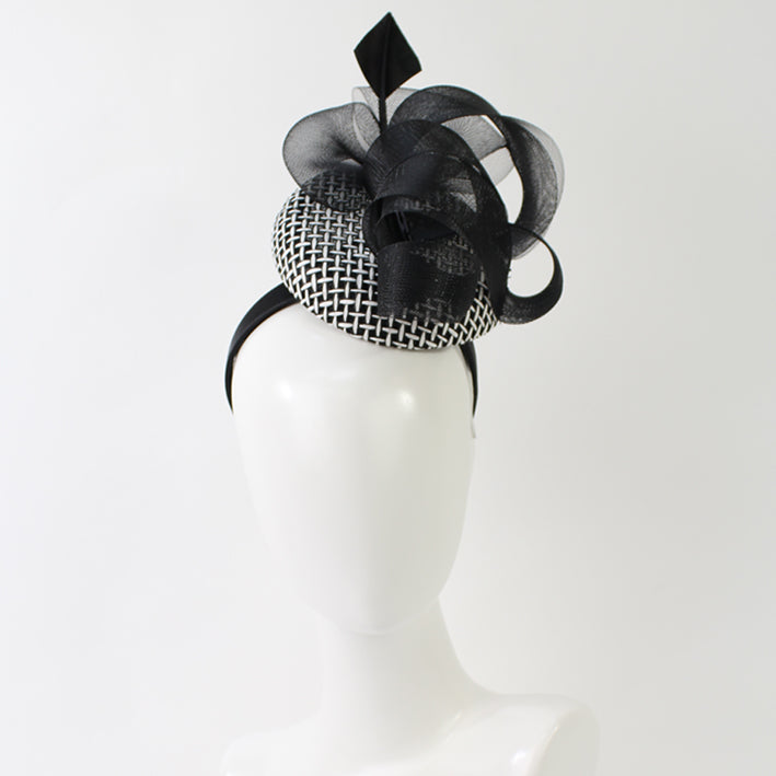 Jendi Black & White Button Hat with Mesh Curls in Black on a Headband