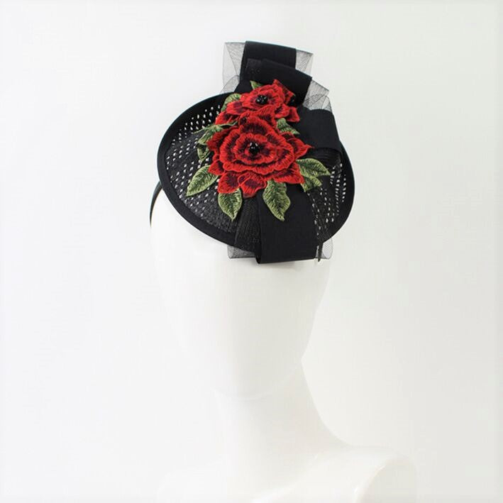 Jendi Alexa Fascinator in Black with Embroidery