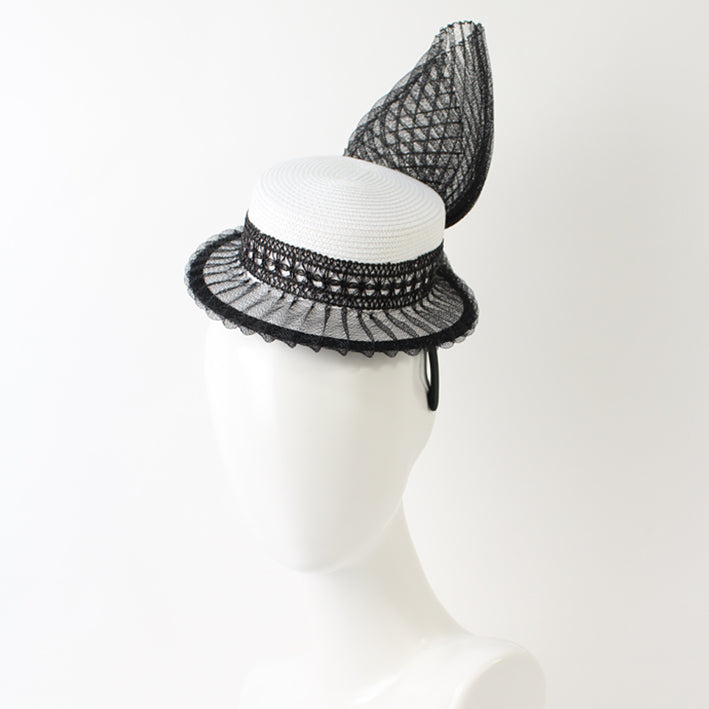 Jendi Petite Hat in White with Black Lace and Crinoline Tail