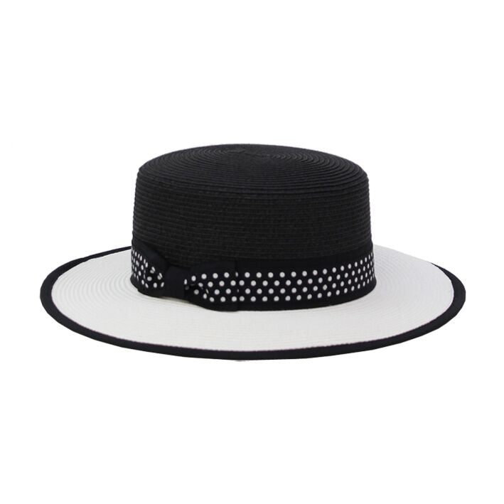 Jendi Mila Boater Hat in Black & White with Spotted Ribbon