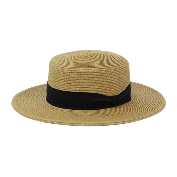 Jendi Brooklyn Boater Hat in Natural with Black Ribbon