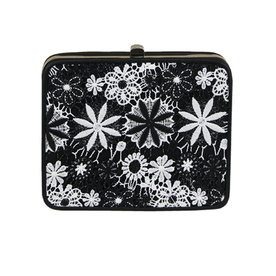 Jendi Square Pod in Black & White with embroidered flowers