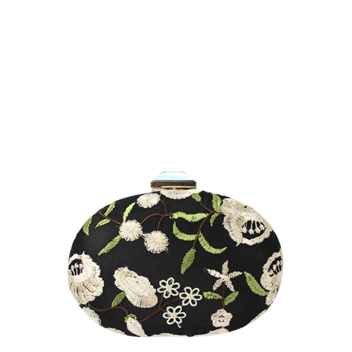 Jendi Brenna Clutch in Black with White and Green Embroidery