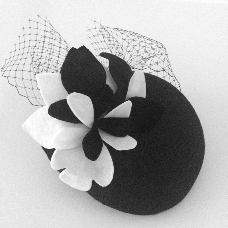 The Fillies Collection Black Felt Pillbox with B&W Petals