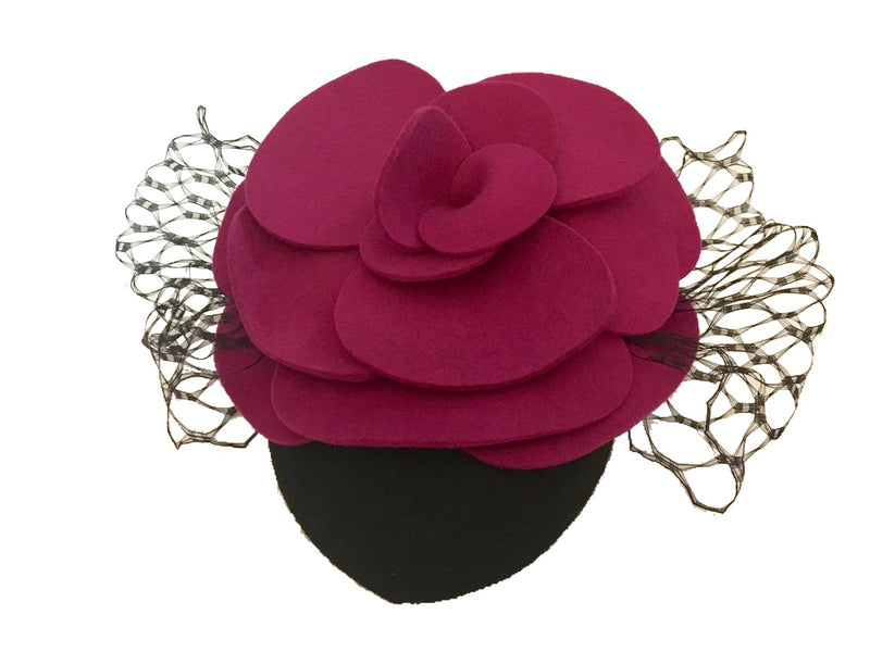 The Fillies Collection Black Felt Hat with Felt Fuchsia Flower and Veiling