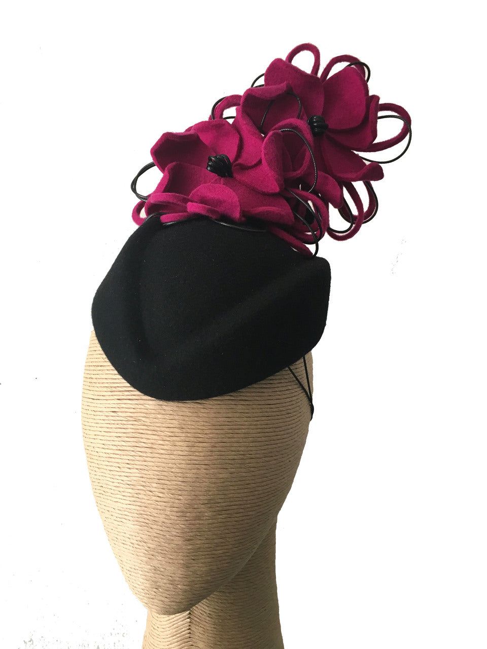 The Fillies Collection Black Felt Pillbox Hat with Fuchsia Felt Flowers
