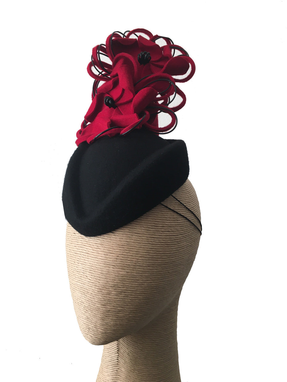The Fillies Collection Black Felt Pillbox Hat with Red Felt Flowers