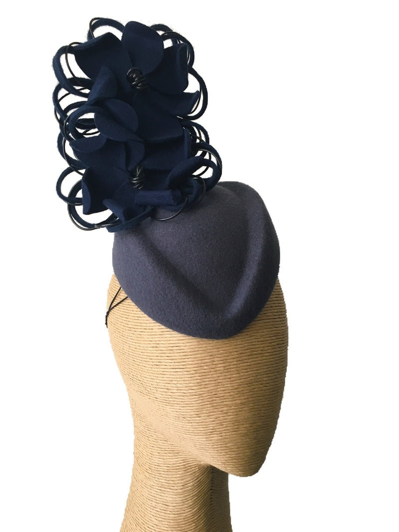 The Fillies Collection Grey Felt Pillbox Hat with Navy Felt Flowers