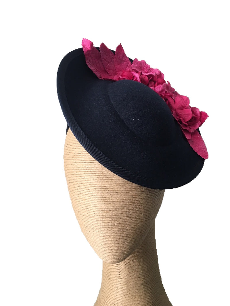 The Fillies Collection Pria Side Felt Hat in Navy with Fuchsia Flowers