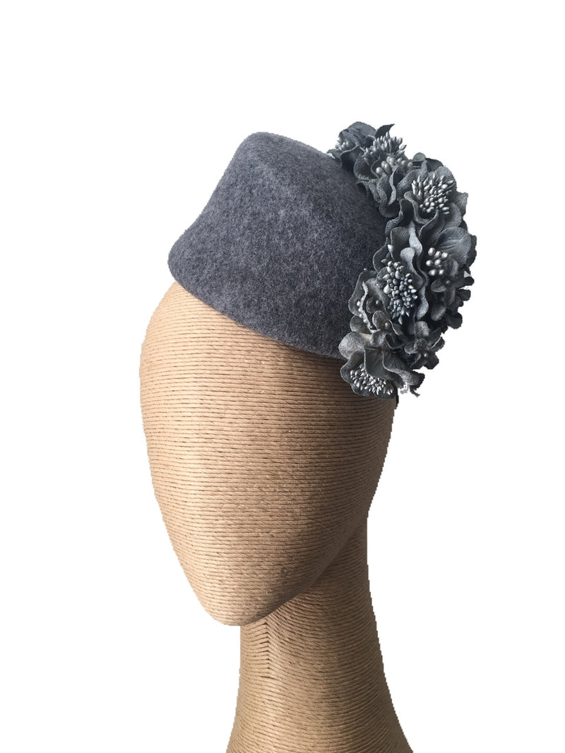 The Fillies Collection Fez Felt Hat in Grey with Silver Flowers