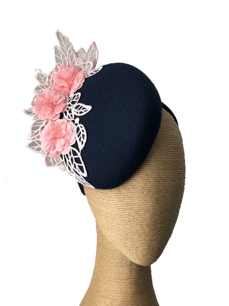 The Fillies Collection Rachael Navy Hat with Pink Lace Detail