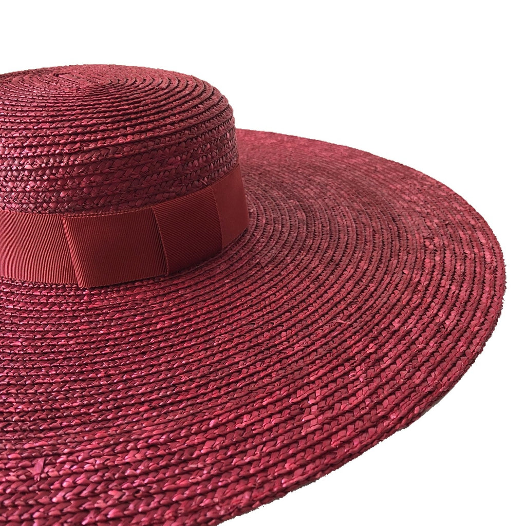 Fiona Powell Eva Large Straw Boater Hat with Side Ties in Burgundy