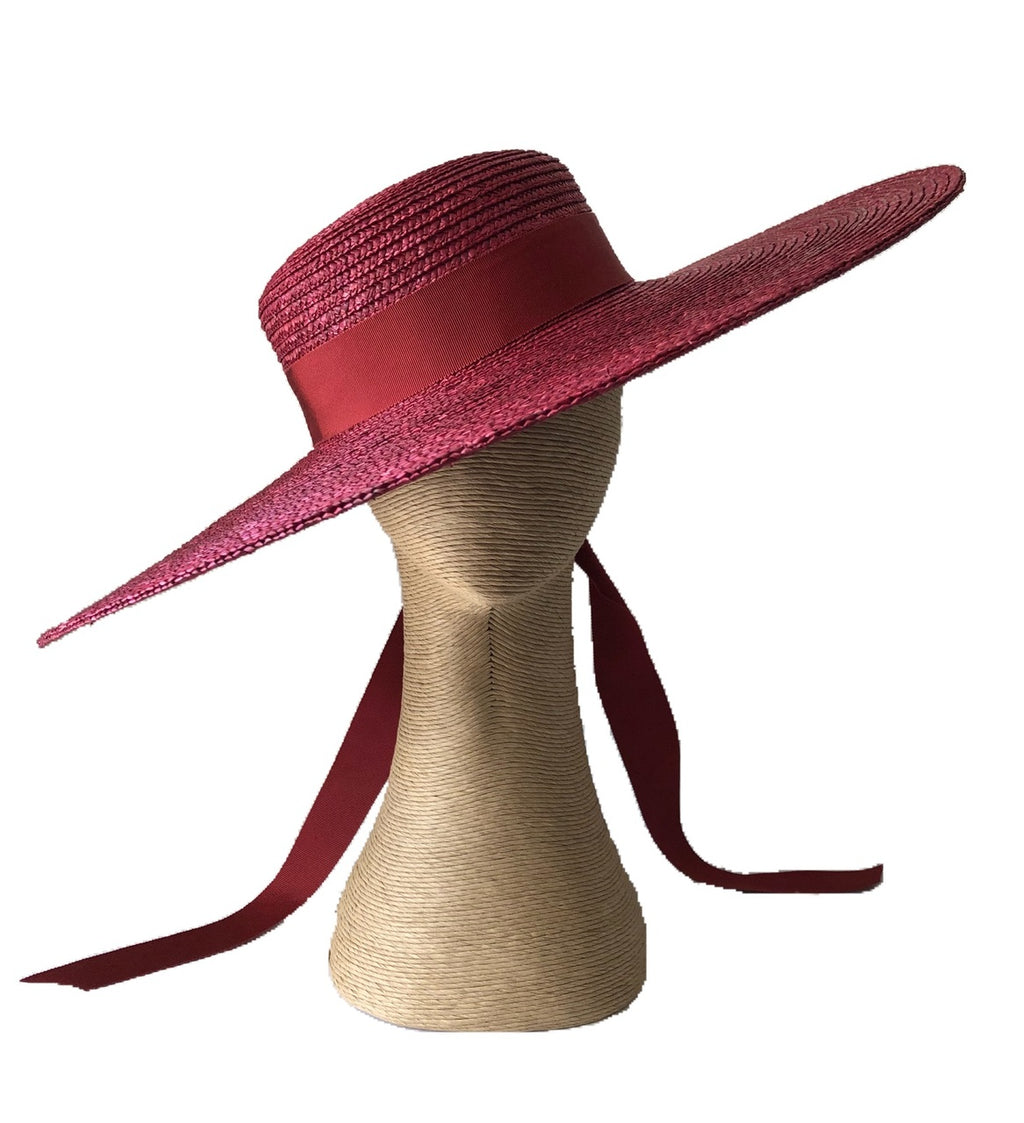 Fiona Powell Eva Large Straw Boater Hat with Side Ties in Burgundy