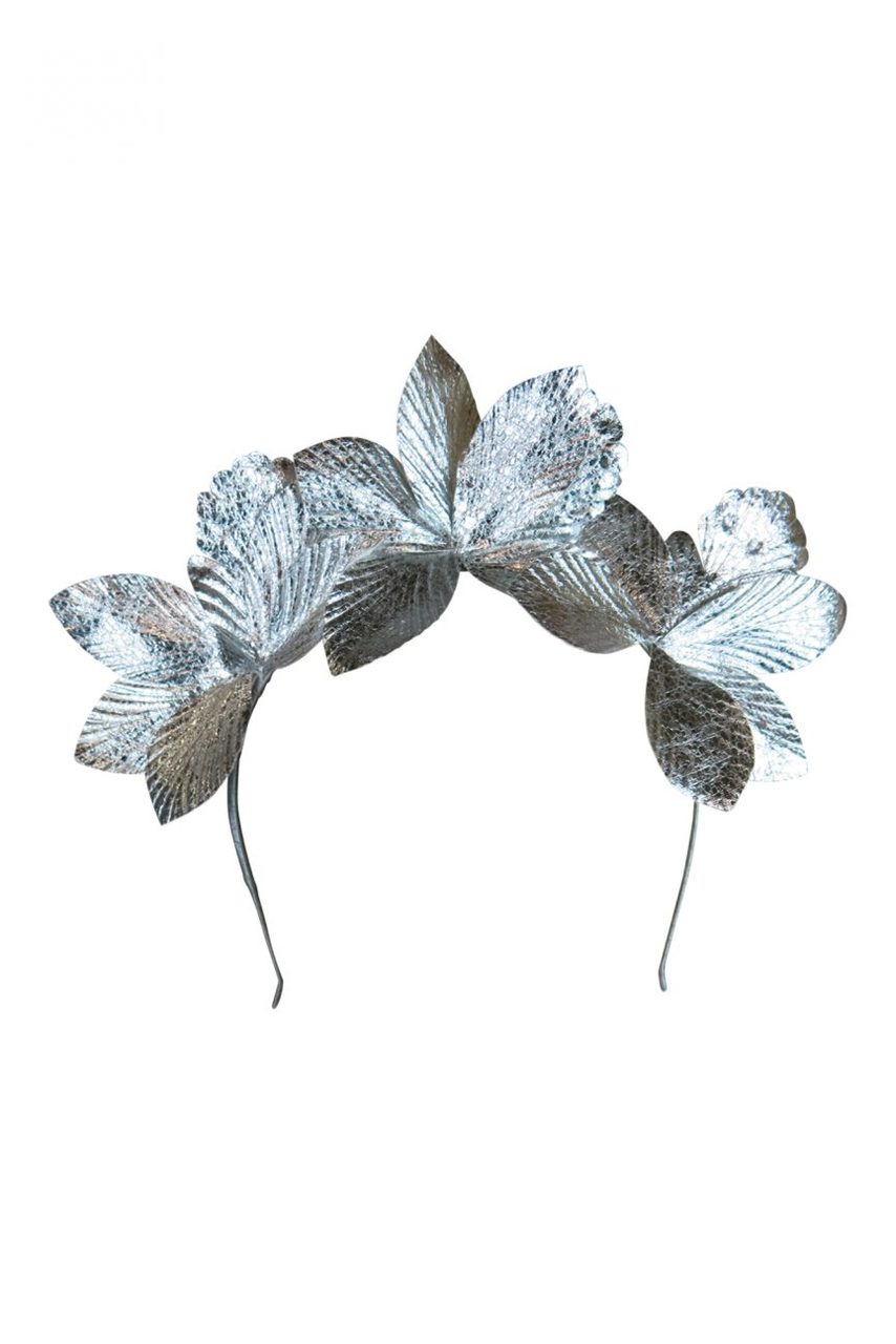 Morgan & Taylor Adaline Leaf Fascinator on a Headband in Silver