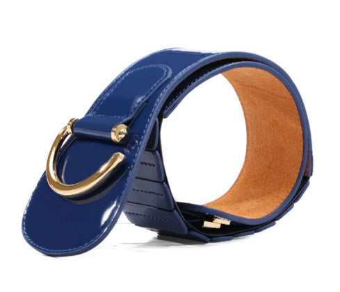 Faux Patent Leather Belt in Navy with a Golden Closure