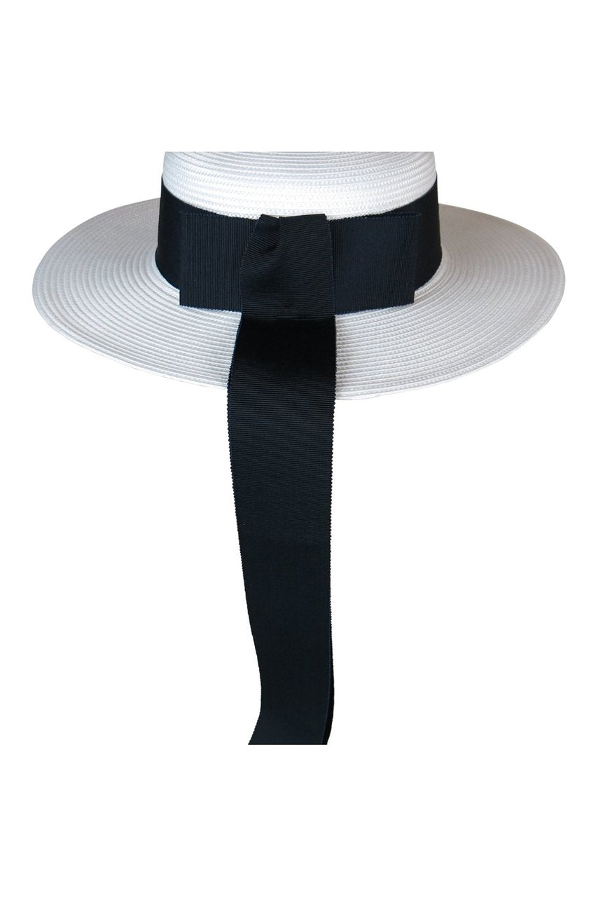 Morgan & Taylor Jordyn Boater Hat in White with Navy Ribbon