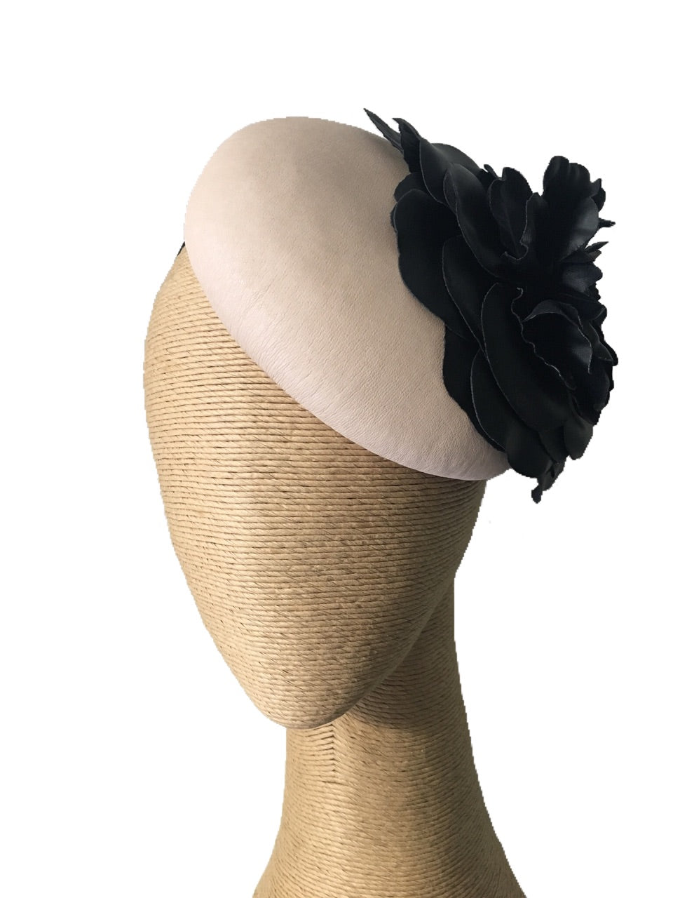 Max Alexander Button Leather Hat in Beige with Black Flower