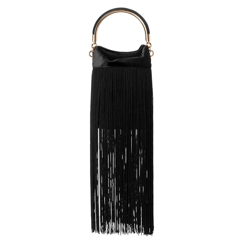 Olga Berg Stellar Fringed Top Handle Bag in Black