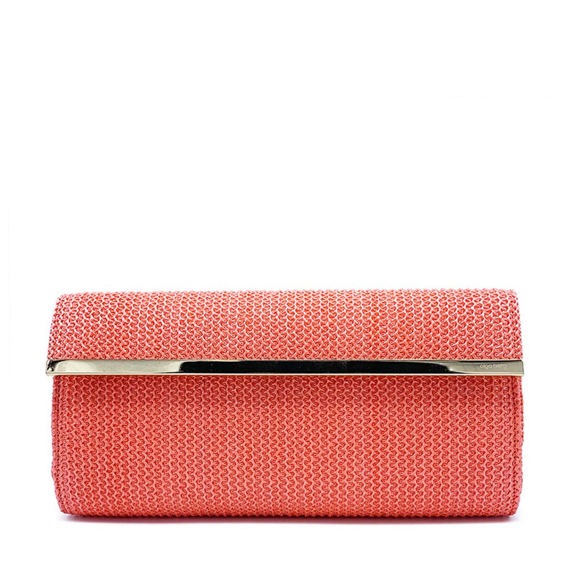 Willow Woven Clutch with Metal T in Coral