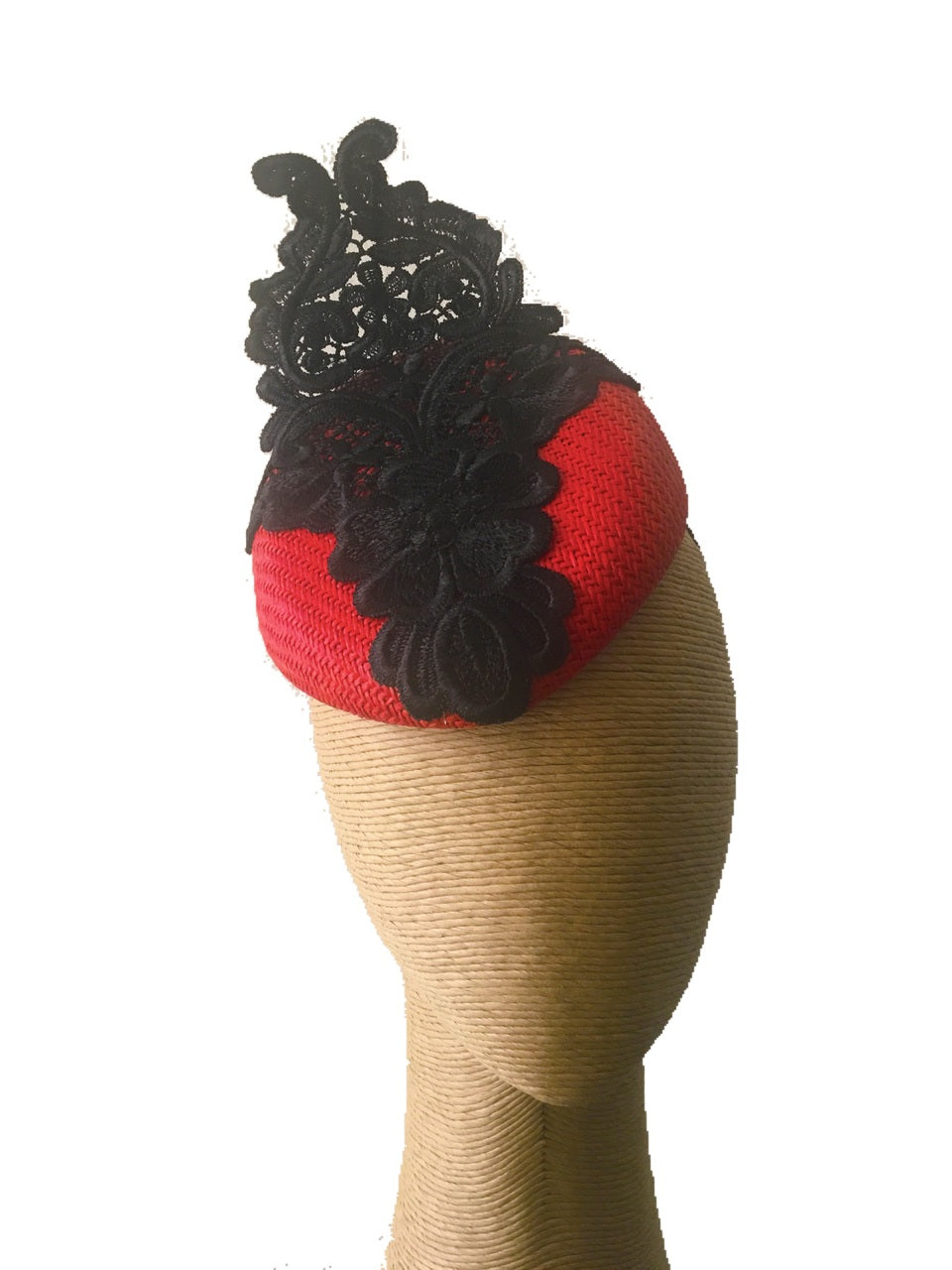 The Fillies Collection Button Hat in Red with Black Lace Detail
