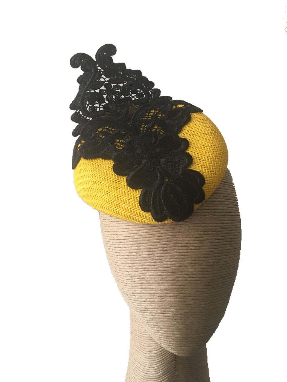 The Fillies Collection Button Hat in Yellow with Black Lace Detail